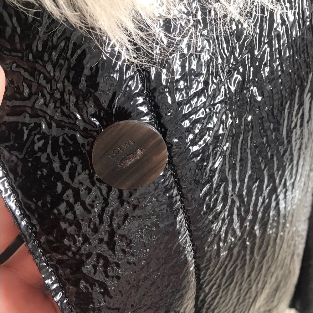Black Patent Jacket with Cream Faux Fur Collar - Picture 2 of 3